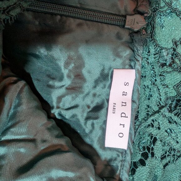 Sandro Paris Dress Green Lace Sz XS High Neck Scalloped Mini Open Back - Picture 7 of 11